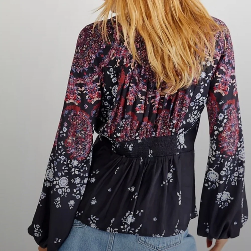 Free People Run Free Tunic Blouse size M Bohemian black floral Night Shade satin - Picture 2 of 15